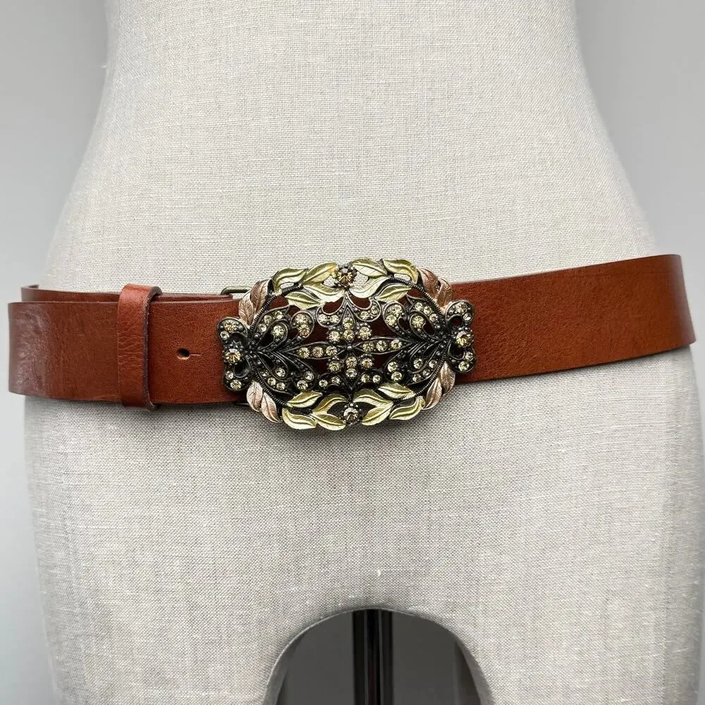 CAbi Floral Filigree Statement Buckle Leather Belt Brown Size M Boho Western